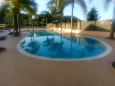 a pool with blue water in a courtyard with palm trees at La Suite Calypso in Luz