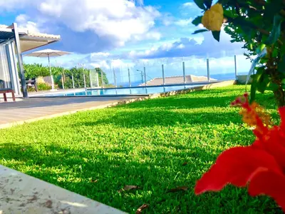 a grassy area with a view of the ocean at Villa Pinheira IV -Heated swimming pool in Calheta