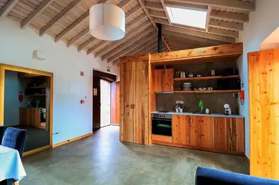 a large kitchen with wooden cabinets and a sink at QUINTA DO FALCÃO in Almagreira