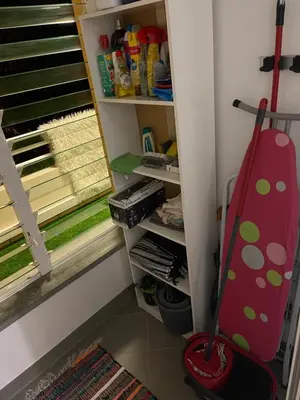 a corner of a room with a broom and a shelf at Ajuda Paradise apartment with pool and private parking in Funchal