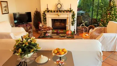 a living room with a fireplace and a christmas tree at Quinta do Cabouco in Ribeira Brava