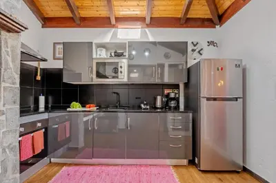 a kitchen with stainless steel appliances and a pink rug at São Jorge Cottage - By WeHost in Santana