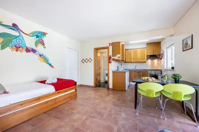 a living room with a bed and a kitchen at Casa May - Spacious family home with great outdoors! in Aljezur