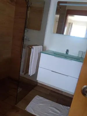 a bathroom with a shower and a sink and a mirror at CASA SOL E VISTA 2 in Arco da Calheta