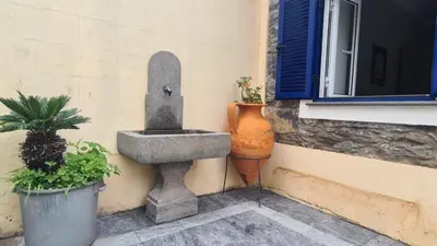 a sink next to a building with two potted plants at Casa da Avó Duca in Machico