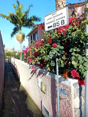 a black door with a mirror on the side of a building at Casa de Campo in Caniço