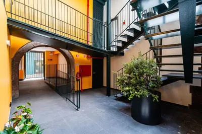 a hallway of a building with stairs and a potted plant at FLH Viola Market Studios in Funchal