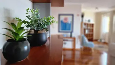 two black vases sitting on a wooden table with plants at The Atlantic Lookout by LovelyStay in Caniço