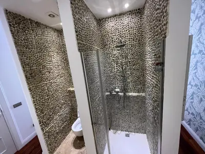 a bathroom with a shower and a toilet at Casa Roc Madeira - 5 Bedrooms - Ocean and City Views - Private Heated Pool in Funchal