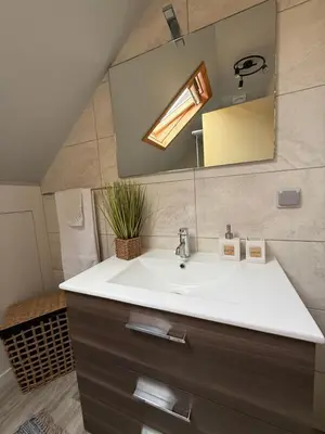 a bathroom with a sink and a mirror at Studio privado com vista mar e montanha in Ponta do Sol