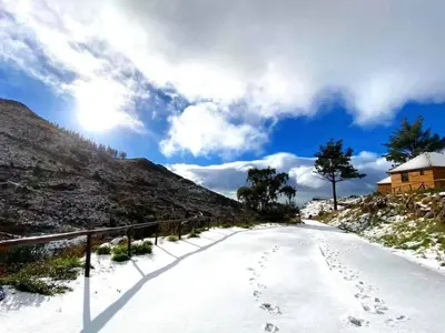 a road with footprints in the snow on a hill at Mountain Eco Shelter 1 in Funchal