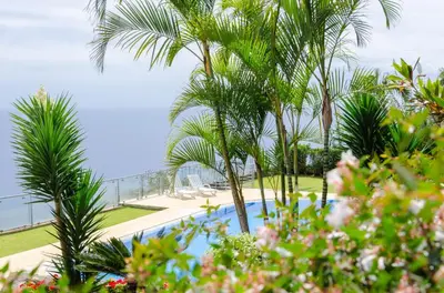 a resort with a pool and palm trees at Unique Tropical Style Penthouse with a Dreamy View - by Portugal Collection in Calheta