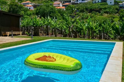 a swimming pool with a yellow float in the water at Villa Santa Madalena, a Home in Madeira in Arco da Calheta