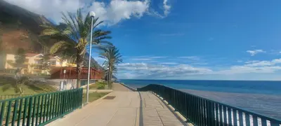 a walkway next to the ocean with palm trees at Madalena Beach Tiny House in Ponta do Sol