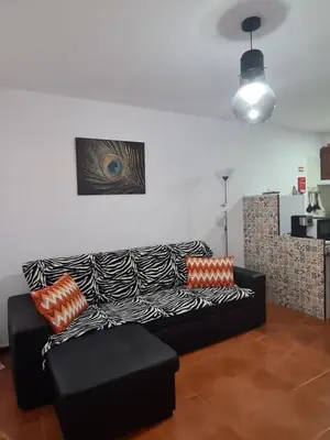 a living room with a black couch with orange pillows at Scenic Comfort D in Ponta Delgada