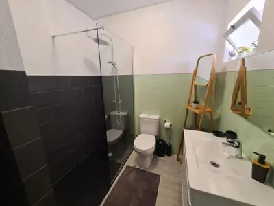 a bathroom with a shower and a toilet and a sink at Desertas View Apartment in Machico