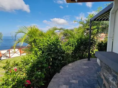 a table and chairs sitting on a lawn with the ocean at Casa Villa Dinastía Sótão Y Casa Villa Dinastía Miramar in Ribeira Brava
