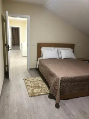 a bedroom with a large bed and a rug at Casa das Palmeiras in Calheta