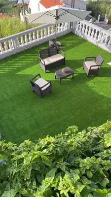 a patio with benches and an umbrella on the grass at Slice of Ponta do Sol - Suite 2 in Canhas