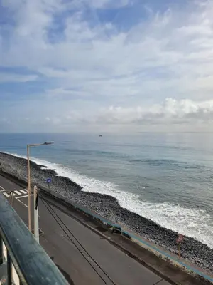 a road next to the ocean with a street light at Sol&mar in Ponta do Sol