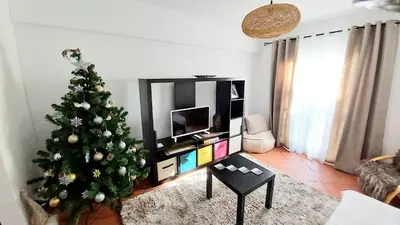 a living room with a christmas tree and a television at Apartamento do Corpo Santo in Funchal