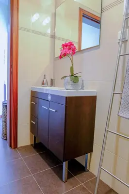 a bathroom with a sink with a vase of flowers on it at Granny's house view in Funchal