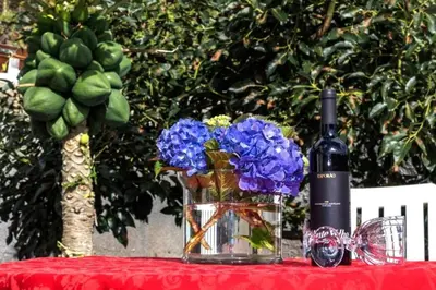 a bottle of wine and a vase of flowers on a table at Casa Luz - Arco da Calheta in Arco da Calheta