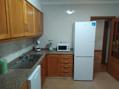 a kitchen with a white refrigerator and a sink at Sol & Mar Rancho in Câmara de Lobos