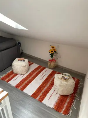 a living room with a rug on the floor at Lovely newly refurbished, 1 bedroom top floor apartment with sea views, fast WI-FI CABLE TV and Netflix in Ribeira Brava
