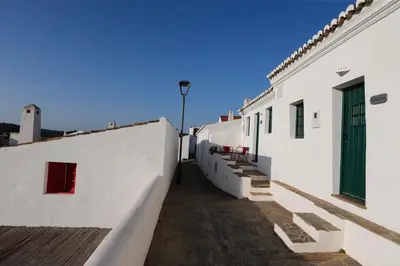 a narrow alley with white walls and a green door at Casa Amado, Aldeia da Pedralva in Vila do Bispo