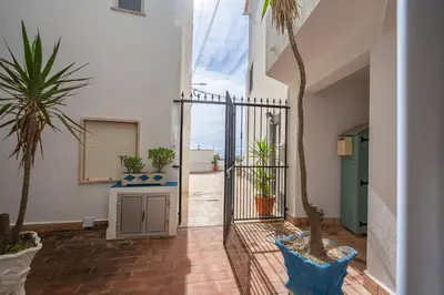 a courtyard with palm trees and a gate in a building at Vista Mar - Burgau in Burgau