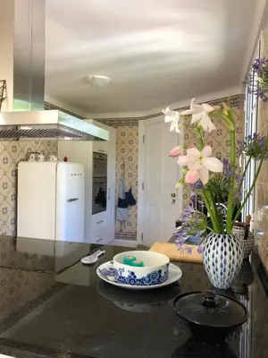 a kitchen with a table with a vase of flowers at Villa-sleeps2-garden-private park in Camacha
