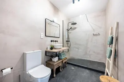 a bathroom with a shower and a toilet and a sink at Fortaleza sea view Villa Miramar - Downstairs Apartment in Burgau