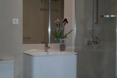 a bathroom sink with a vase of flowers on it at Anadia Chic Apartment in Funchal