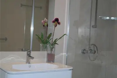 a bathroom with a sink and a shower with a vase with flowers at Anadia Chic Apartment in Funchal