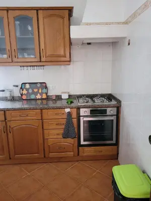 a kitchen with wooden cabinets and a stove top oven at Quinta dos Moledros in Figueira