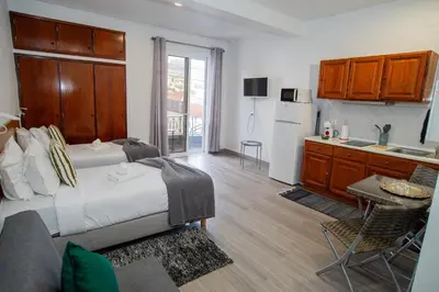 a bedroom with a bed and a kitchen with a refrigerator at Mountain View Star in Estreito da Calheta