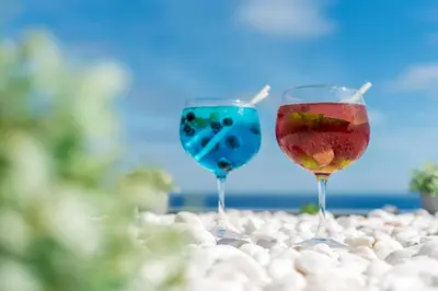 two glasses of wine sitting on a table at Aqua Natura Madeira in Porto Moniz
