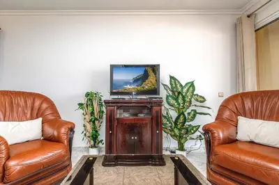 a living room with two leather chairs and a television at Sea and sunset view apartment in Funchal in Funchal