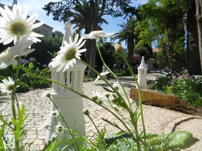 a white fence in a garden with flowers at Cozy Studio with garden view in Praia da Luz in Luz