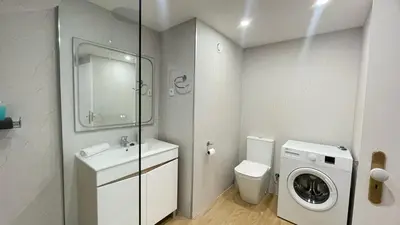 a bathroom with a washing machine and a washer at Atlantic Gardens Beach - atlanticgardensbeach com in Funchal