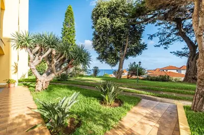 a garden with palm trees and a walkway at Canico Sea Garden by Homie in Caniço