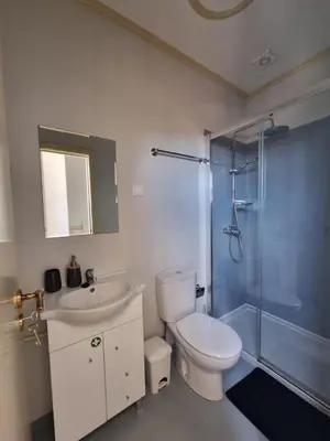 a bathroom with a toilet and a shower and a sink at Carreira Apartments Harbour View Free Parking in Heart Funchal in Funchal
