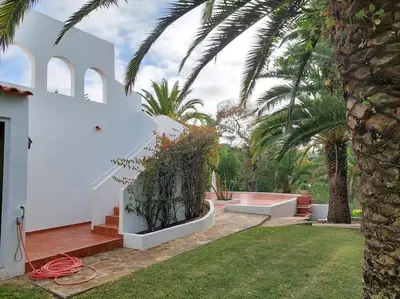a white house with palm trees in a yard at A House With a View in Aljezur