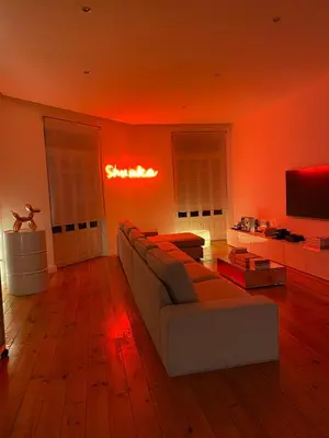 a living room with a couch and a television at City center boutique apartment in Funchal