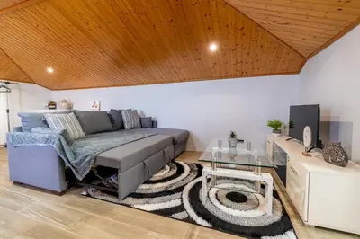 a living room with a couch and a wooden ceiling at Casa Miradouro do Pigarro, Sunny Apartment in Calheta