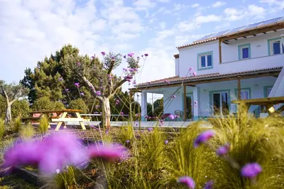 a house with a picnic table and flowers at Birds of Paradise - Boutique Surf Lodge in Aljezur