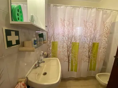a bathroom with a sink and a shower curtain at Maria's House - São Jorge in Santana