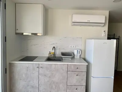 a kitchen with a sink and a refrigerator at Madeira Sea Sunshine with heated pool in Ribeira Brava