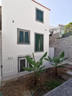 a white house with two palm trees in front of it at Apartments Madeira Funchal City in Funchal